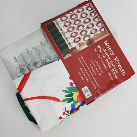 Merry Wreath Shower Curtain & Hook Set - Picture 2 of 7
